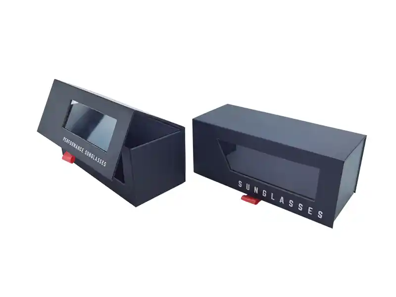 Magnetic eyeglass box with transparent window display