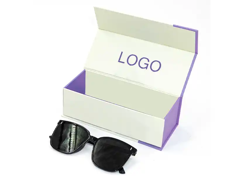 Magnetic flip-top eyeglass packaging box in white and purple with custom logo