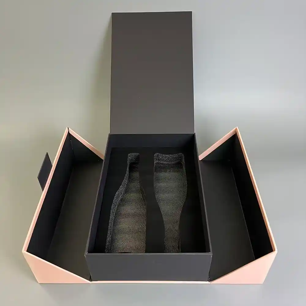 Open double-door magnetic wine gift box with dual bottle foam insert.