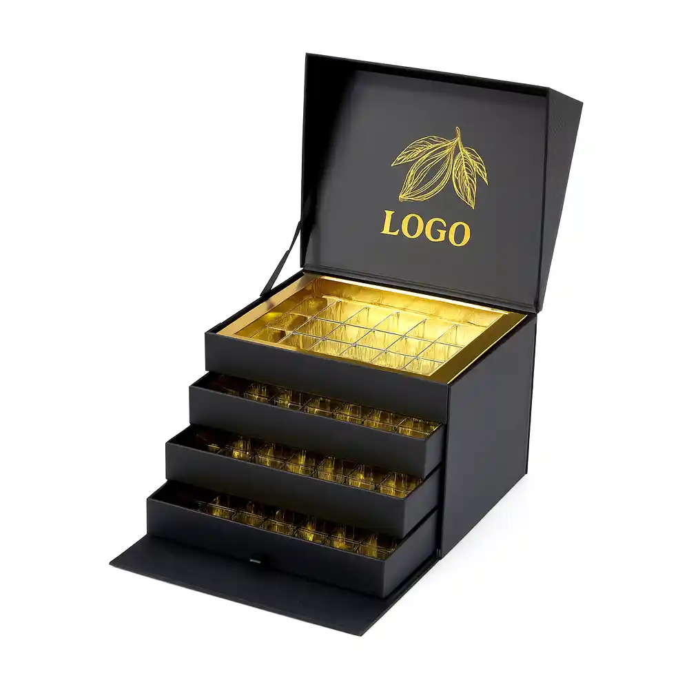 Luxury multi-layer chocolate gift box with flip lid and pull-out drawers.