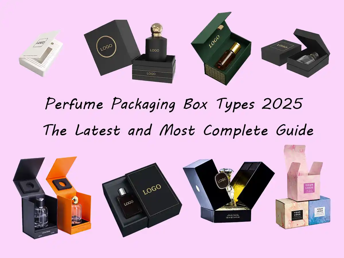 Collection of luxury perfume packaging box types 2025 on pink background