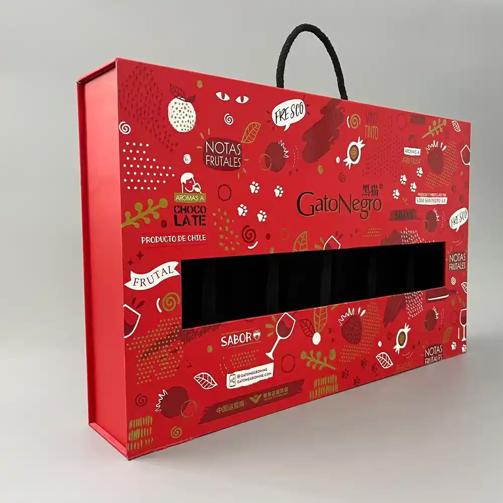 Red printed wine gift box with rope handle and display window.
