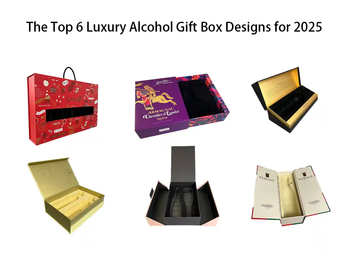 Collage of six luxury alcohol gift box designs including red handle box, drawer box, flip-top box, gold magnetic box, double-door magnetic box, and hinged double-door box.