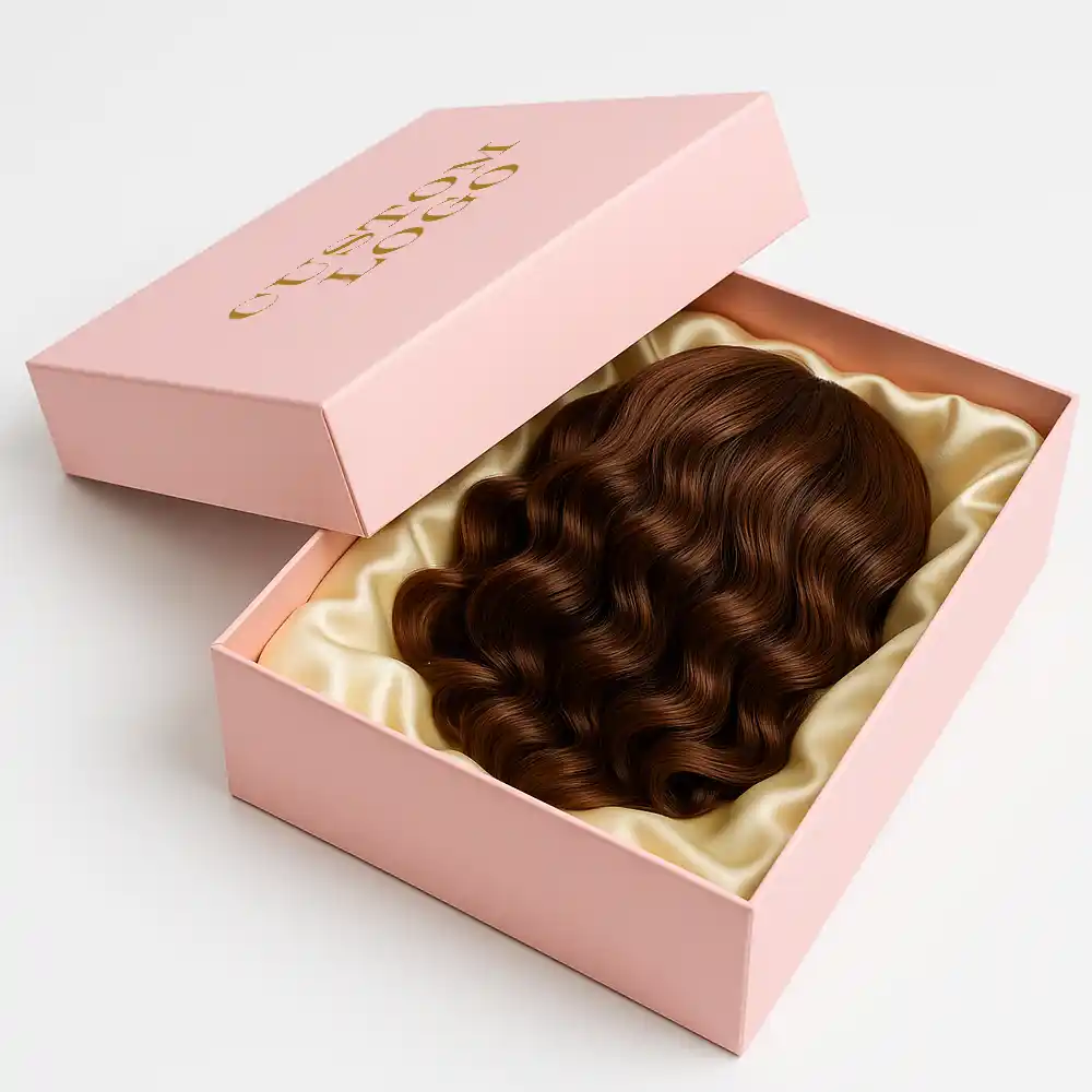 Pink two-piece rigid box with satin lining for wig packaging