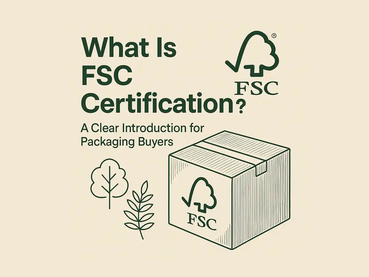 FSC certification concept illustration with box and logo.