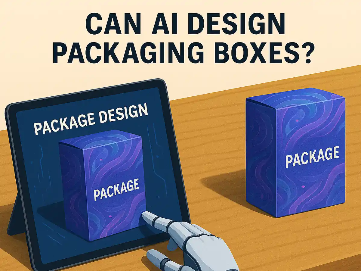 AI designing a colorful packaging box on a digital tablet.