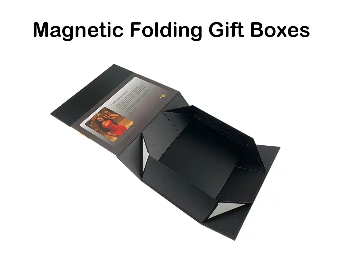 Flat packed black magnetic folding gift box with custom printed interior