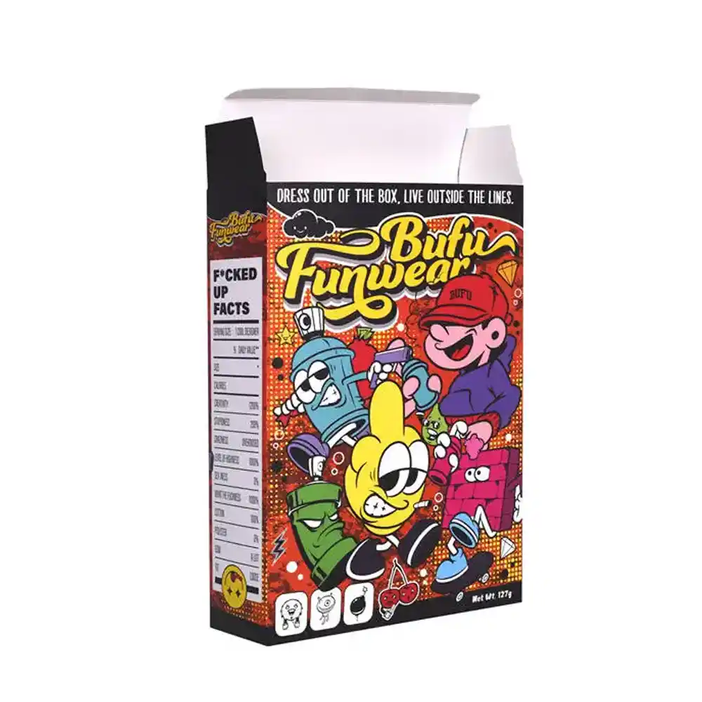Colorful cereal box-style packaging for streetwear clothing