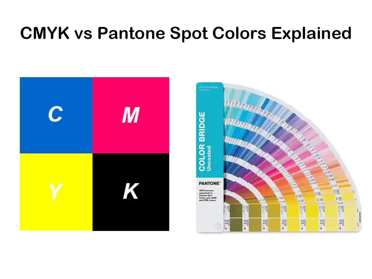 Graphic comparing CMYK printing colors with a Pantone spot color fan chart