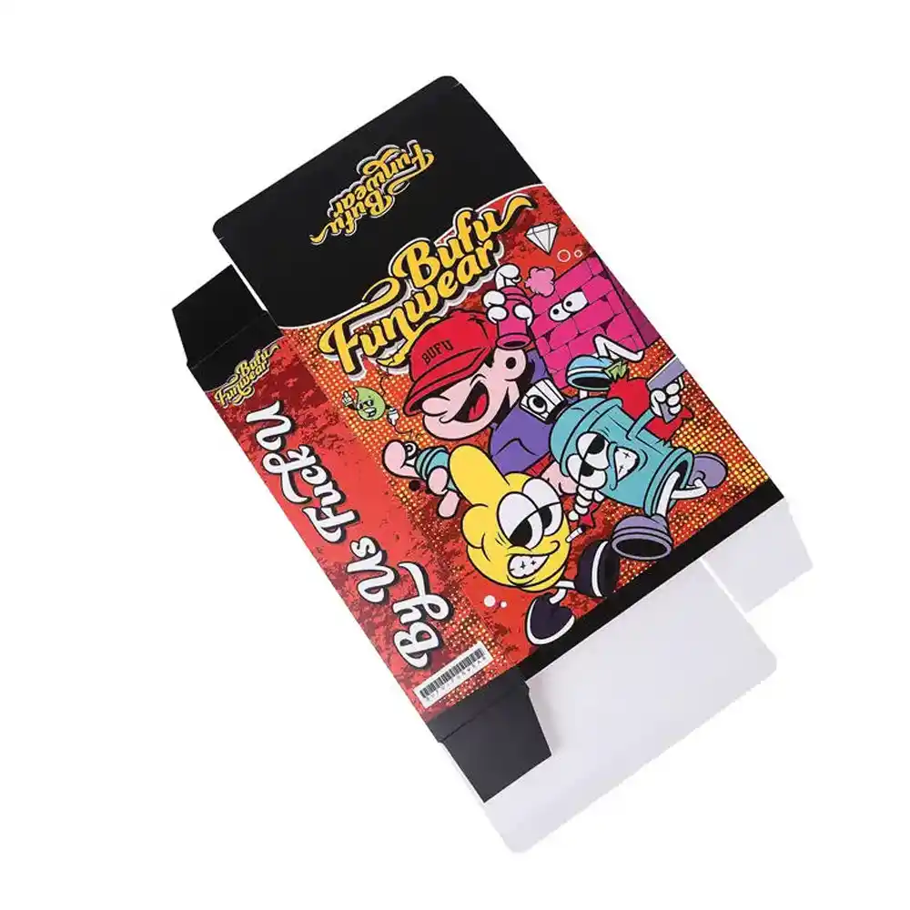 Colorful cereal-style clothing box with cartoon streetwear design