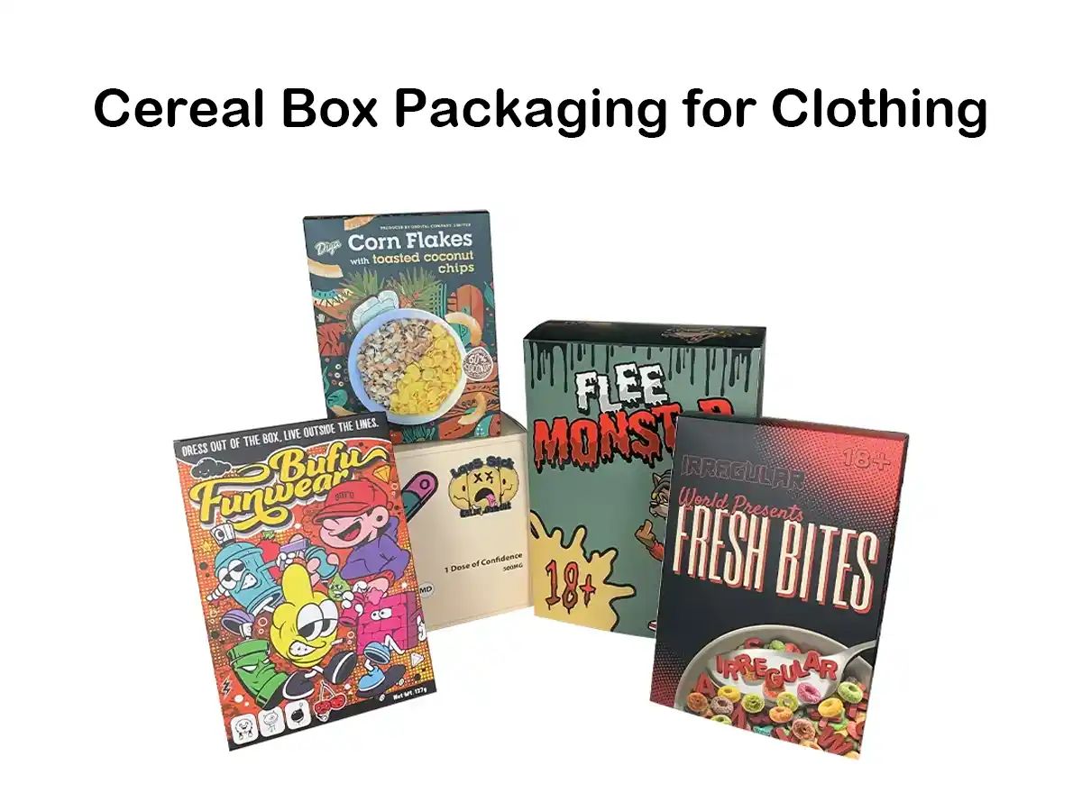 Creative cereal box packaging for clothing with vibrant designs