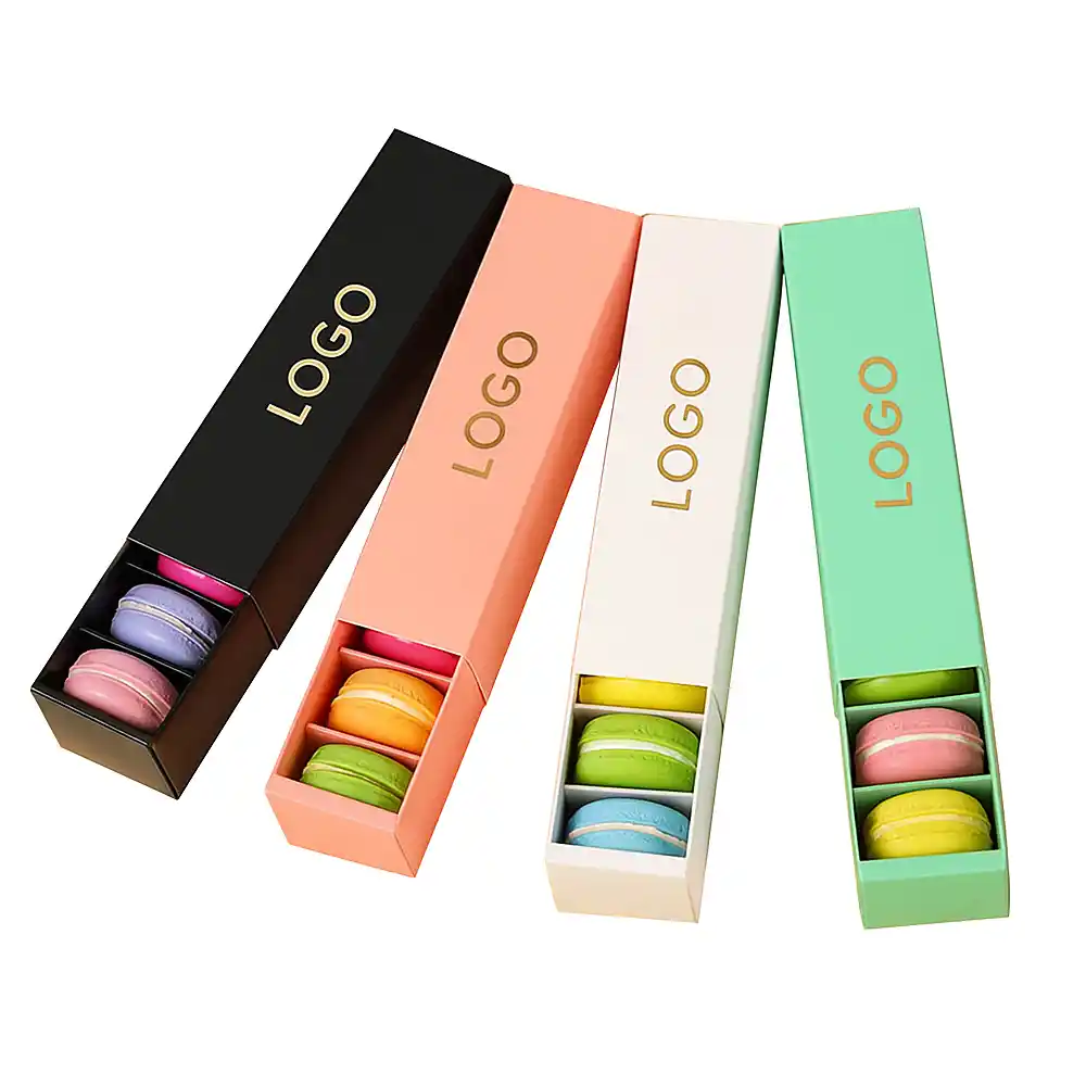 Colorful rectangular drawer macaron boxes with logo design and assorted macarons