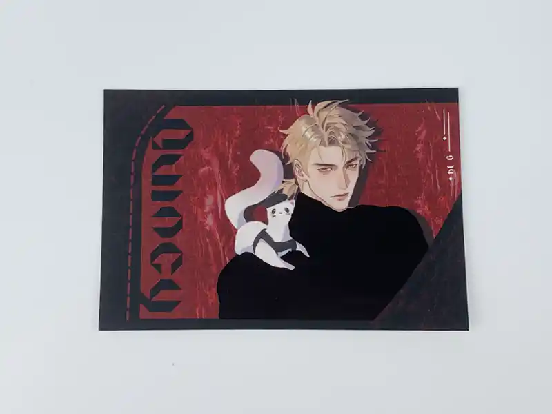 Anime postcard with blonde character and white animal on red background