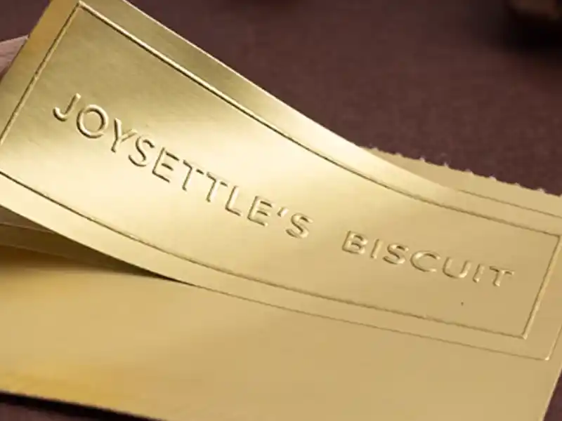 Gold metallic packaging label with embossed “Joysettle’s Biscuit” text.