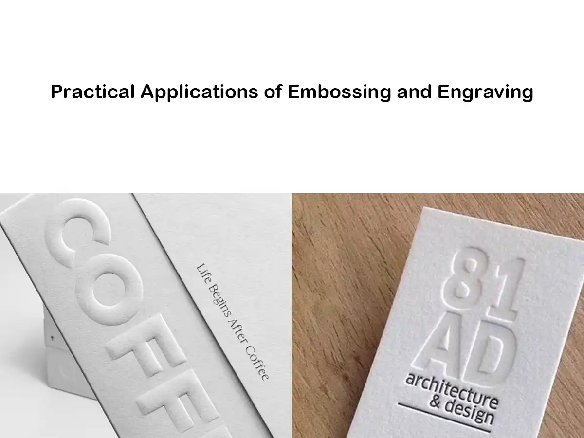 Embossed white paper cards showcasing raised typography and design details.