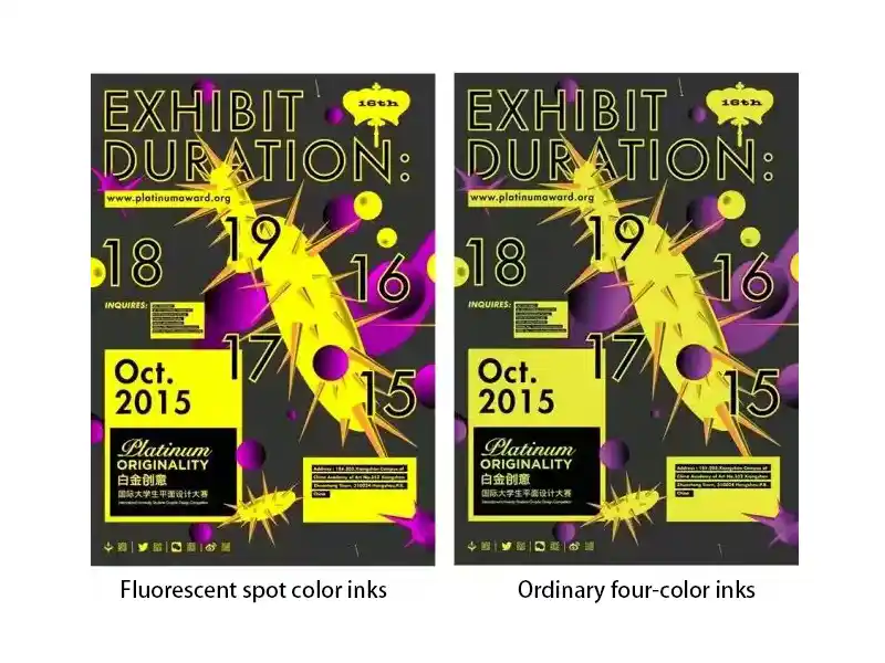 Comparison of posters printed with fluorescent spot colors and ordinary CMYK inks