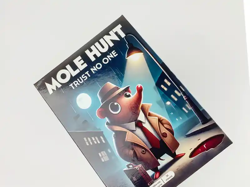 Glossy laminated game box featuring Mole Hunt detective-themed artwork