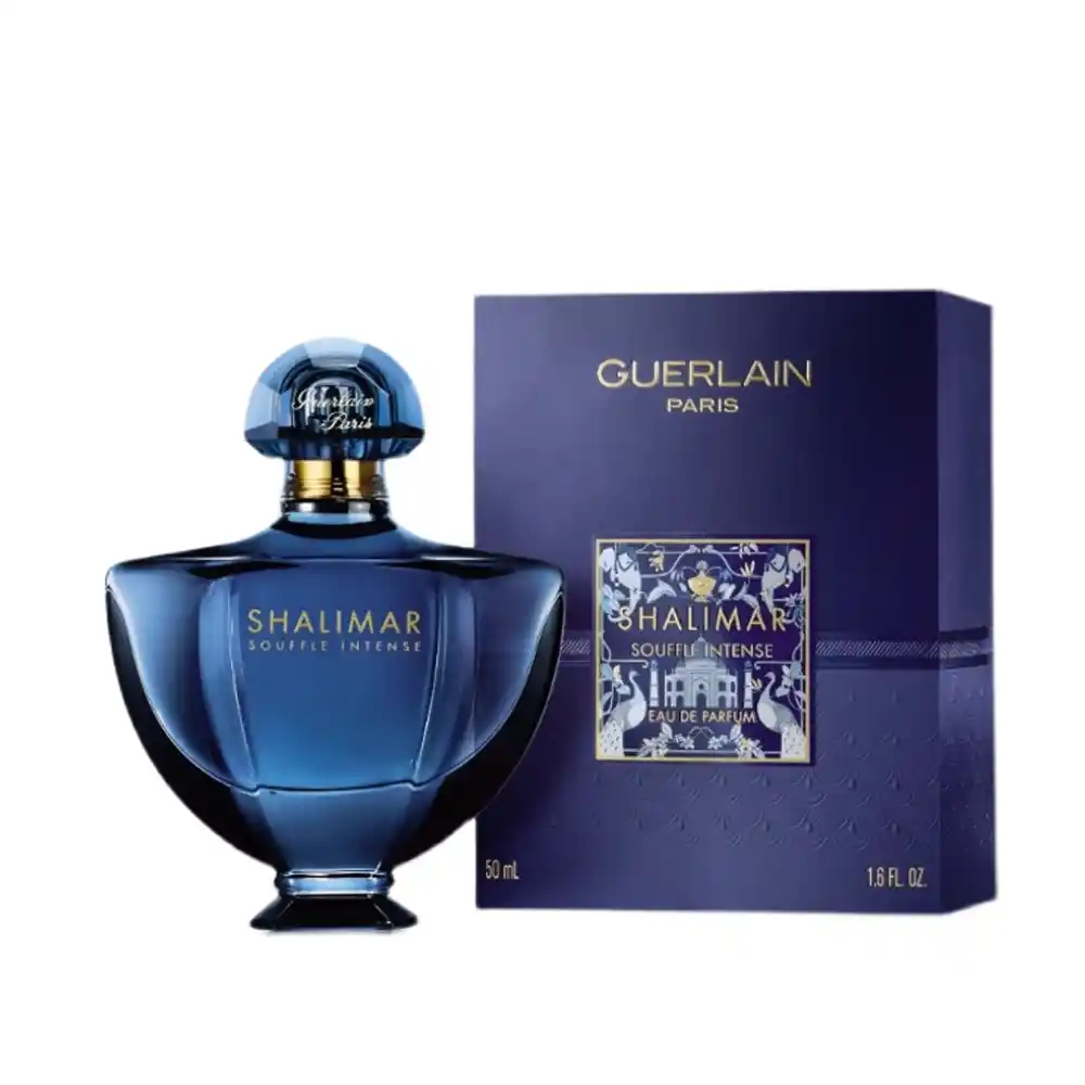 Guerlain Shalimar Souffle Intense perfume with deep blue luxury box.