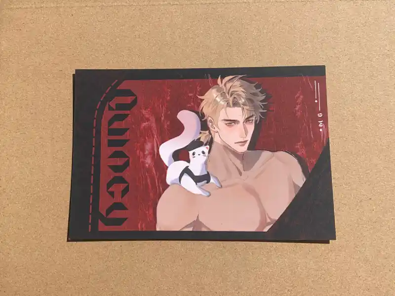 Anime postcard with color change revealing shirtless character under heat