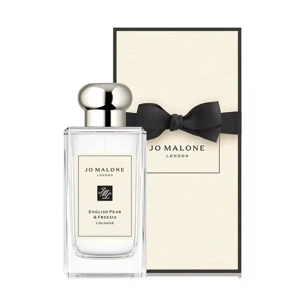 Jo Malone English Pear & Freesia cologne with cream gift box and black bow.