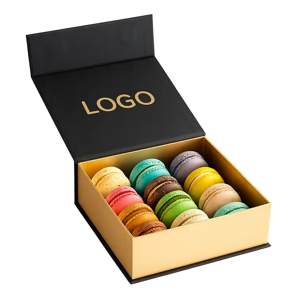 Luxury black and gold magnetic macaron gift box with assorted colorful macarons