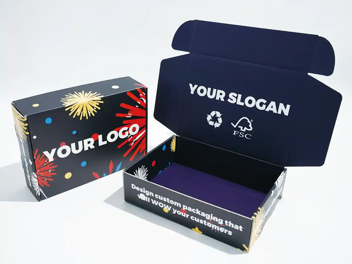 Custom printed mailer boxes with fireworks design, logo area and slogan.