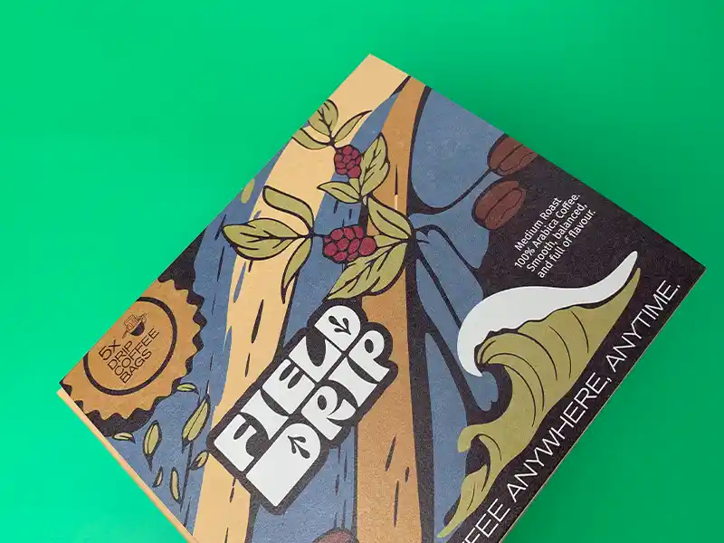 Kraft paper coffee box with matte varnish finish and colorful design