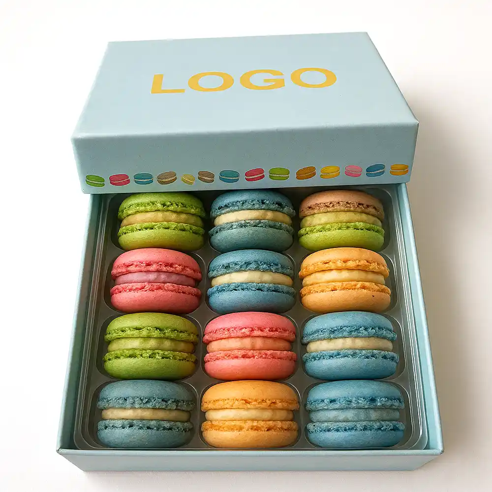 Light blue two-piece macaron box with colorful assorted macarons inside