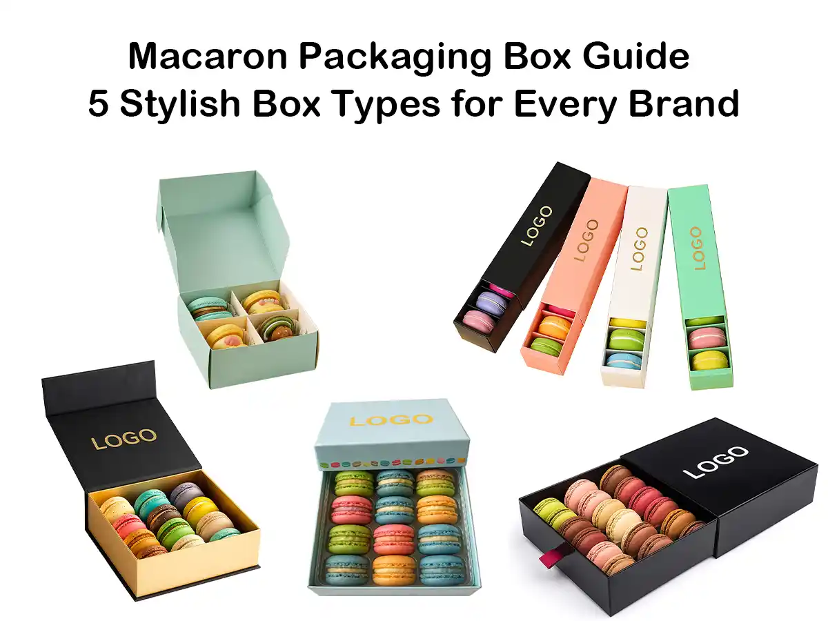 Assorted macaron packaging box styles in various colors and designs