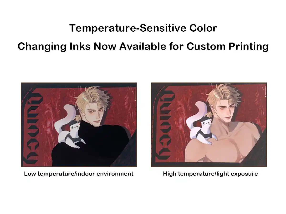 Anime postcard showing thermochromic ink effect at different temperatures