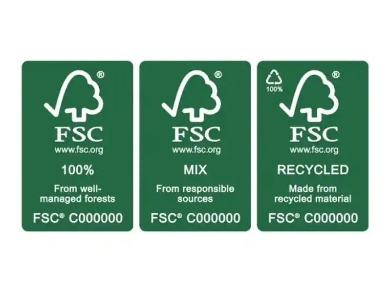 Three types of FSC certification labels: 100%, Mix, and Recycled.