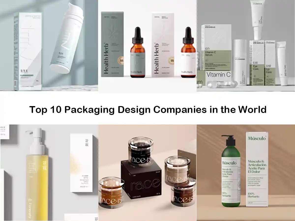 Collage of modern cosmetic packaging showcasing top global design companies