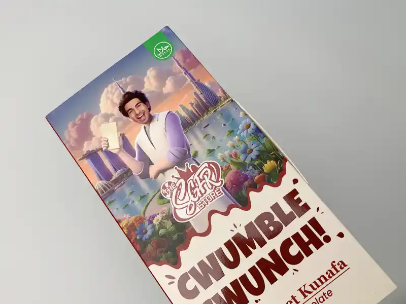 Colorful printed snack packaging box with glossy UV coating finish.