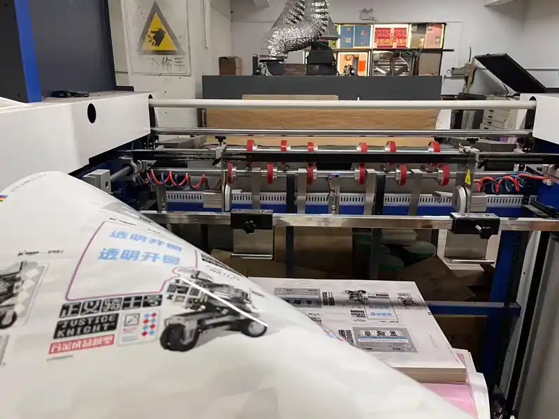 UV coating machine printing paper packaging sheets in factory.