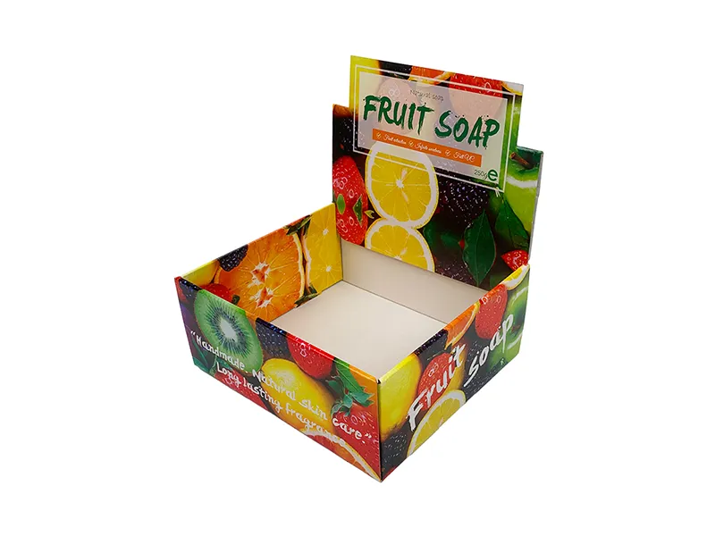Colorful corrugated countertop display box for fruit snack packaging