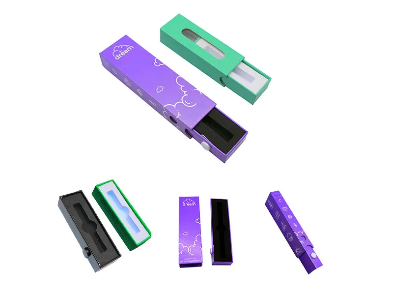 Assorted child-resistant slide paper boxes in purple, green, and black