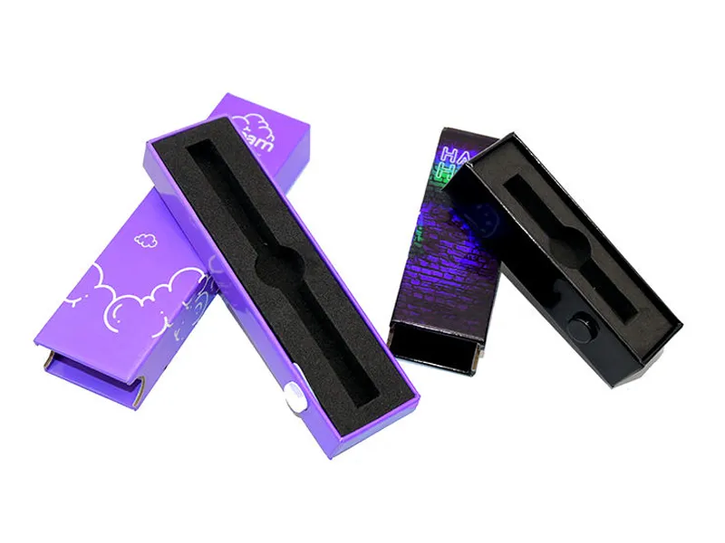 Purple and black child-resistant slide boxes with foam insert