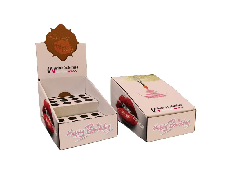 Pink cardboard display box with tray for cosmetic product packaging