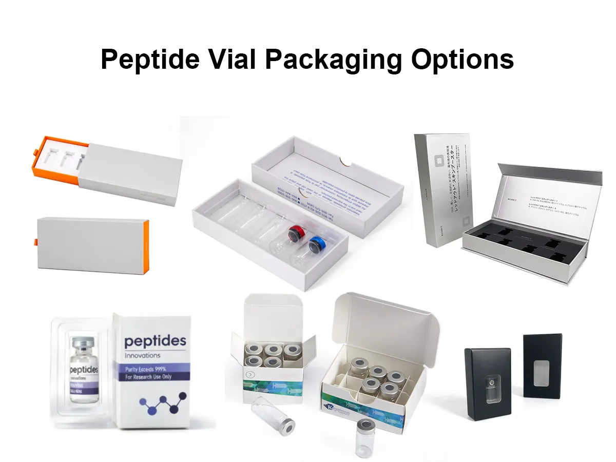 Assorted peptide vial packaging boxes with inserts and display styles