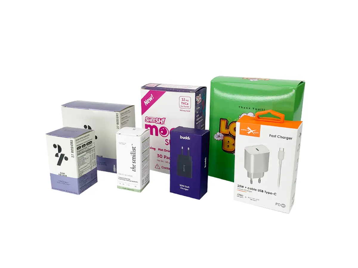 Assorted custom printed paper boxes and bag for retail products