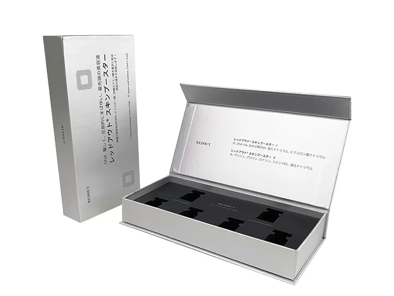 Silver magnetic rigid box with black foam insert for peptide vials