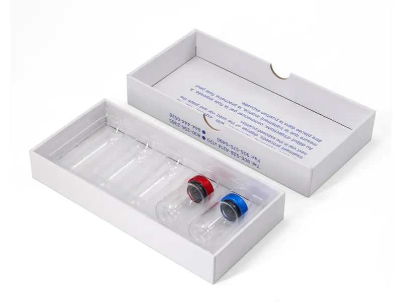 White lid and base box with clear blister insert for peptide vials
