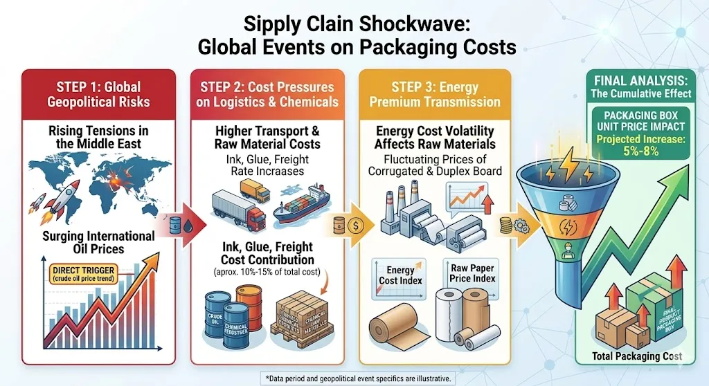 Promotional graphic of rising oil prices driving higher packaging box costs