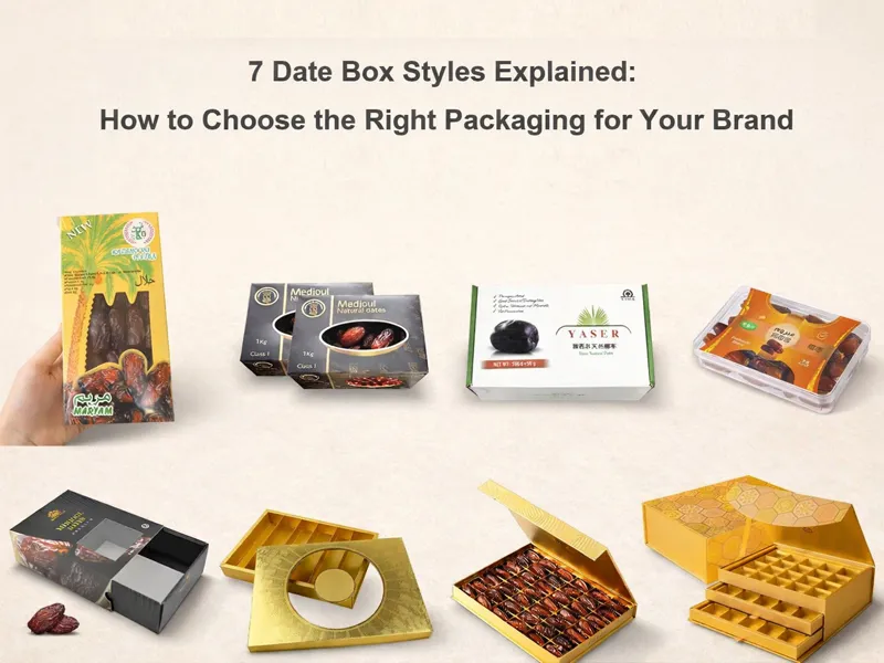 Collage of seven custom date box styles including folding box, drawer box, mailing box, plastic box, magnetic gift box, lid and base box, and luxury magnetic drawer box