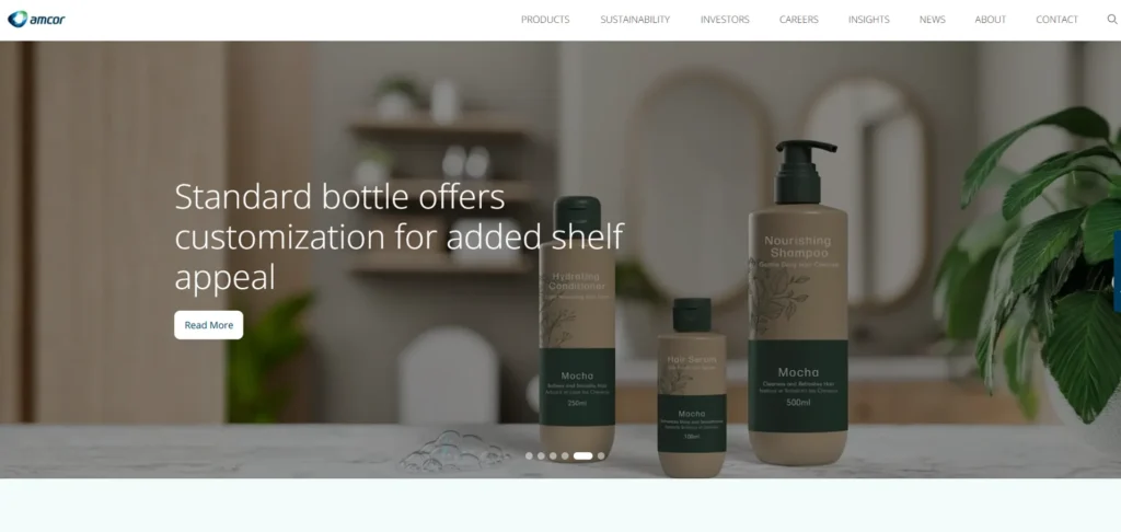 Amcor homepage featuring customizable bottle packaging for added shelf appeal.