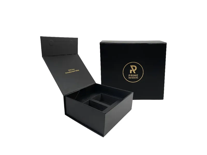 Black magnetic closure box with hinged lid and custom insert compartments for luxury gift packaging