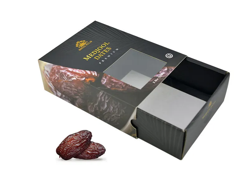Black Medjool dates drawer box packaging with window and sliding tray