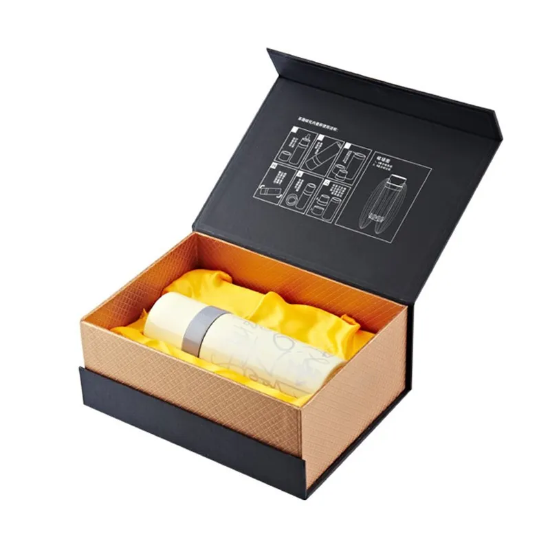 Thermos cup in a book-style magnetic rigid box with satin lining and custom printed lid