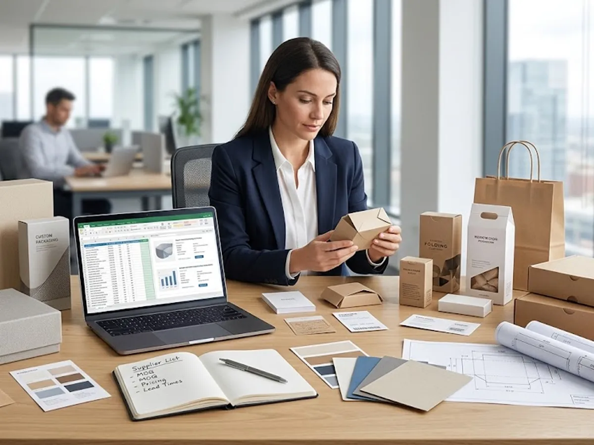 Buyer reviewing custom paper packaging samples at an office desk with boxes, paper bags, printed cards, material swatches, and supplier information on a laptop.
