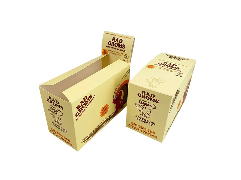 Printed cardboard display box with fold-up header for children’s retail product packaging